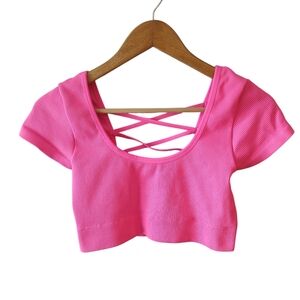 Aerie Real Good Hot Pink Ribbed Criss Cross Strappy Back Crop Top Size Large